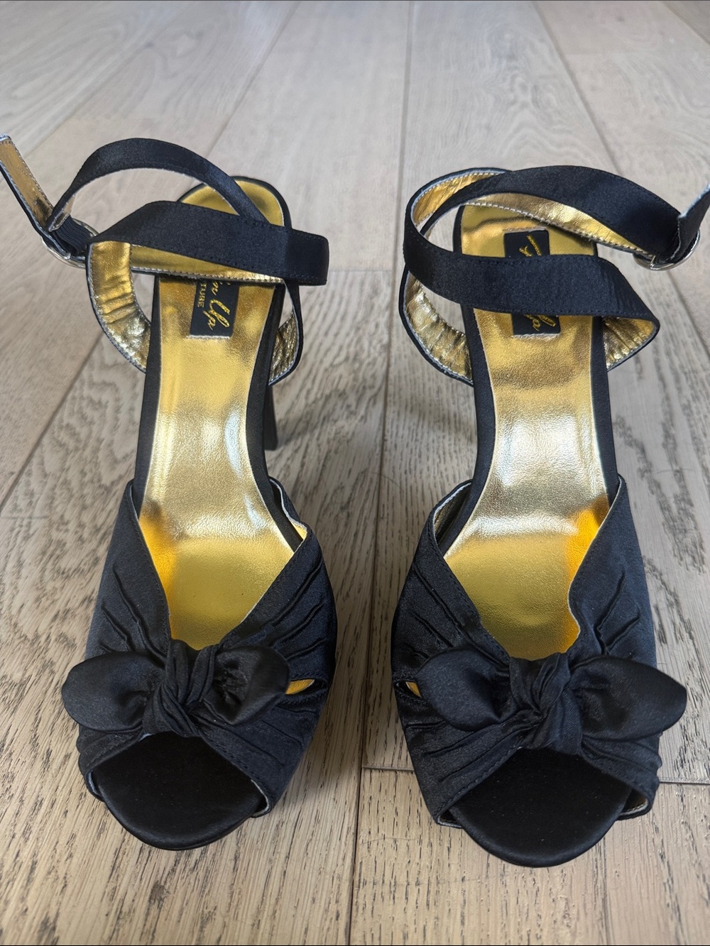 Black Satin Peep-Toe Heels with Knot Accent by